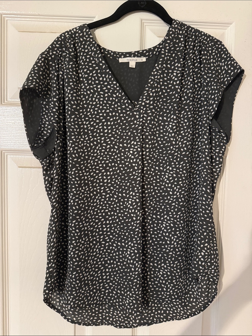 fun 2 fun Black V-Neck Cap Sleeve Blouse with White Spot Print